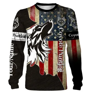 Coyote Hunting Camo American Flag Patriotic Coyote Tattoo Customize Name 3D Long Sleeve Shirts