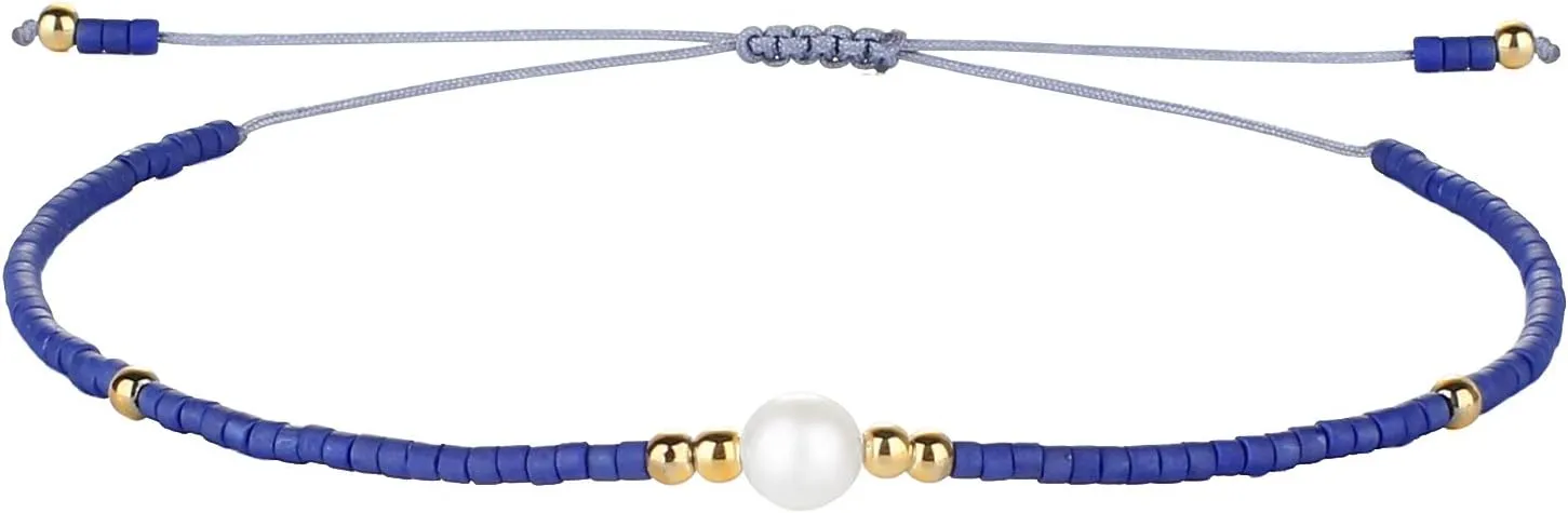 CQUAN CHI Charm Pearl Bracelet Handmade Friendship Seed Bead Bracelets Thin Strings Flat Knot Adjustable Women Bracelets Blue