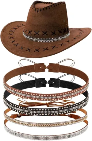CRASPIRE 4 Styles Rhinestone Cowboy Hat Bands Bling Panama Fedora Ethnic Cowboy Hats Hatbands Adjustable Cowgirl Belt Western DIY Accessories Hair Jewelry Studded Decoration for Women Men Black Silver