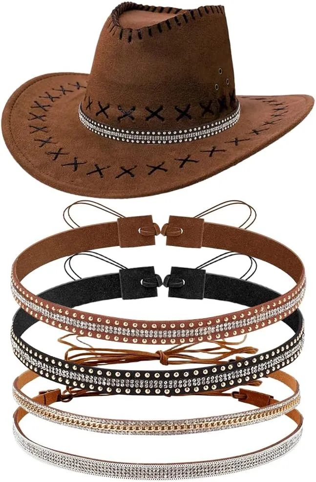 CRASPIRE 4 Styles Rhinestone Cowboy Hat Bands Bling Panama Fedora Ethnic Cowboy Hats Hatbands Adjustable Cowgirl Belt Western DIY Accessories Hair Jewelry Studded Decoration for Women Men Black Silver