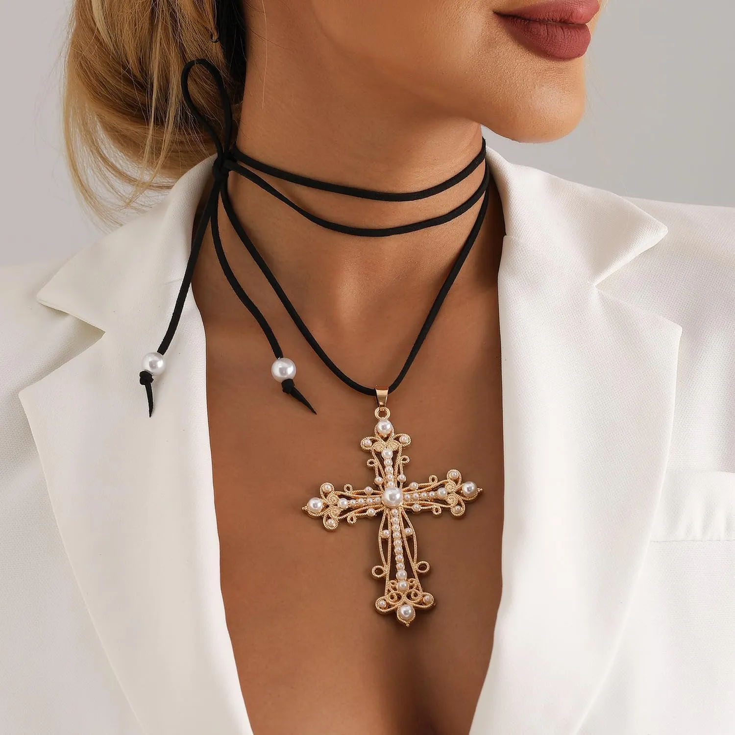 Cross Necklace for Women Gold Cross Pendant Choker Stackable Cross Statement Necklace Jewelry