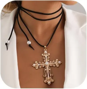 Cross Necklace for Women Gold Cross Pendant Choker Stackable Cross Statement Necklace Jewelry