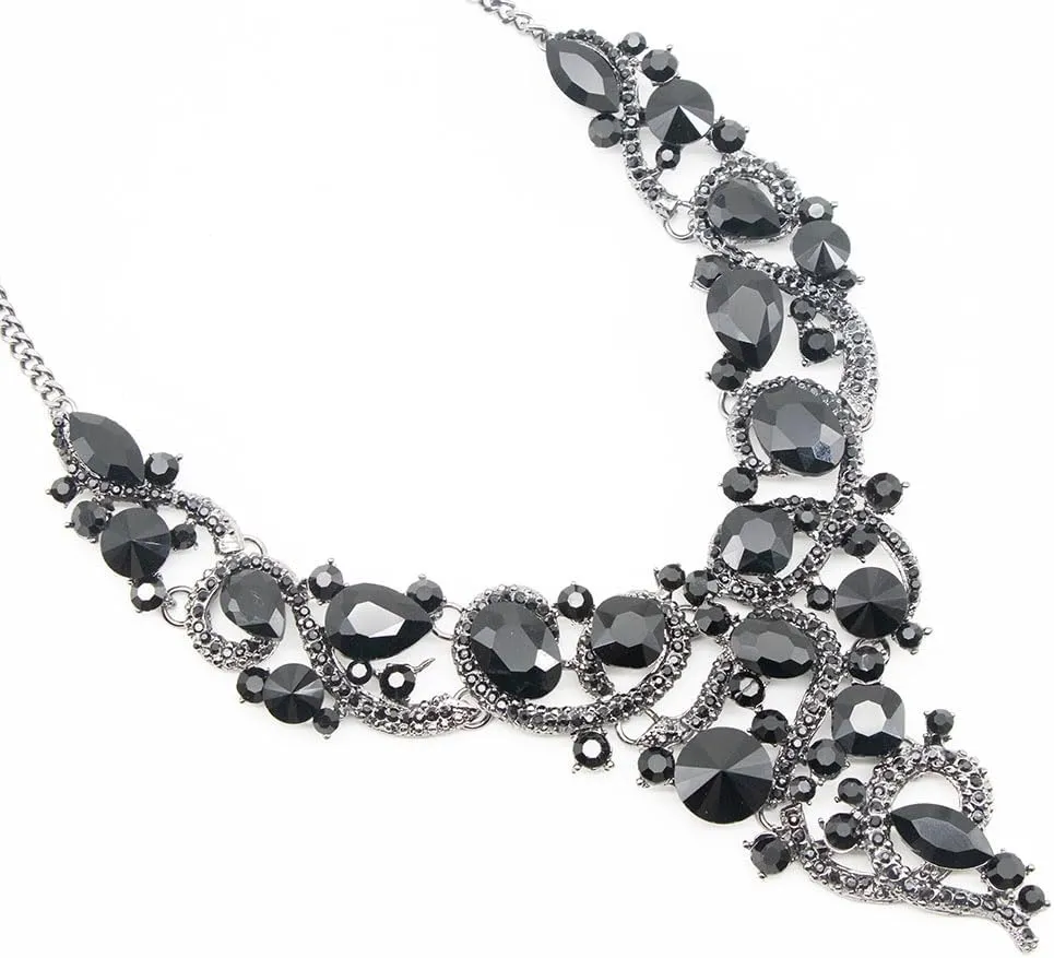 Crystal Flower Rib Statement Necklace Rhinestone Vintage Chucky Necklace and Dangle Earrings Jewerly Set