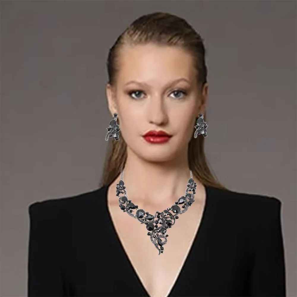 Crystal Flower Rib Statement Necklace Rhinestone Vintage Chucky Necklace and Dangle Earrings Jewerly Set