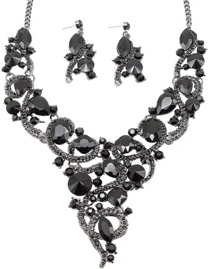 Crystal Flower Rib Statement Necklace Rhinestone Vintage Chucky Necklace and Dangle Earrings Jewerly Set