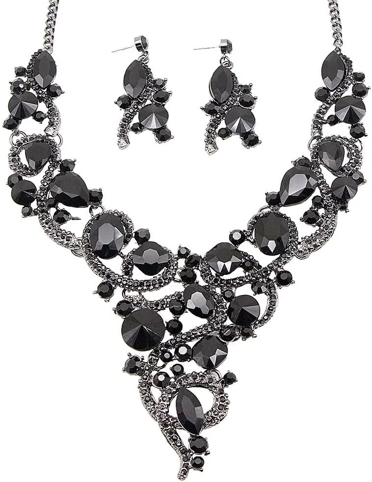 Crystal Flower Rib Statement Necklace Rhinestone Vintage Chucky Necklace and Dangle Earrings Jewerly Set