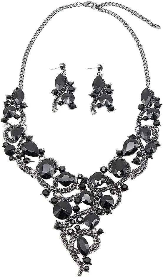 Crystal Flower Rib Statement Necklace Rhinestone Vintage Chucky Necklace and Dangle Earrings Jewerly Set