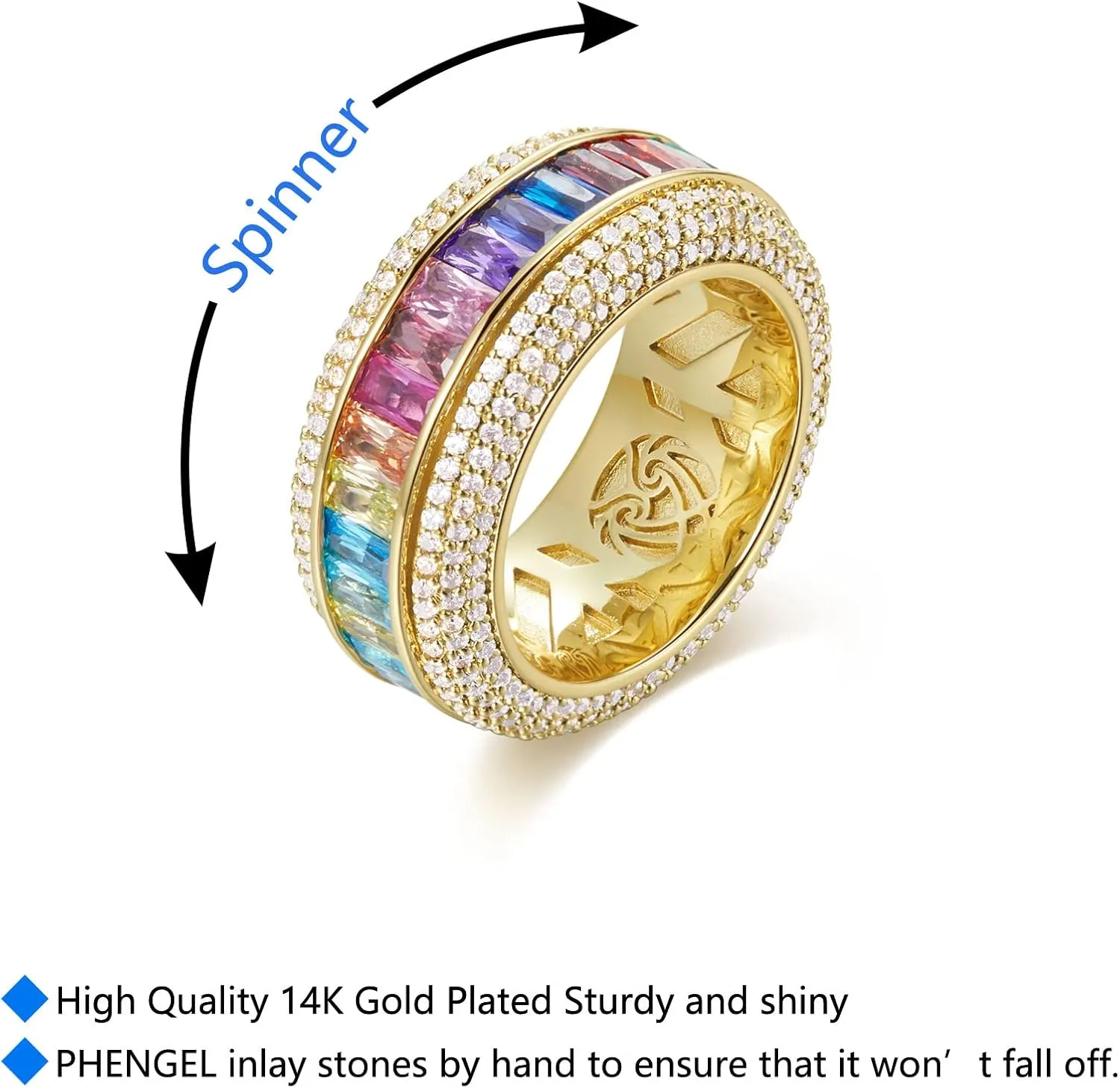 Cubic Zirconia Ring For Men Anxiety Rotating Stress Relief Rotate Freely Hip Hop Rotating rings Black