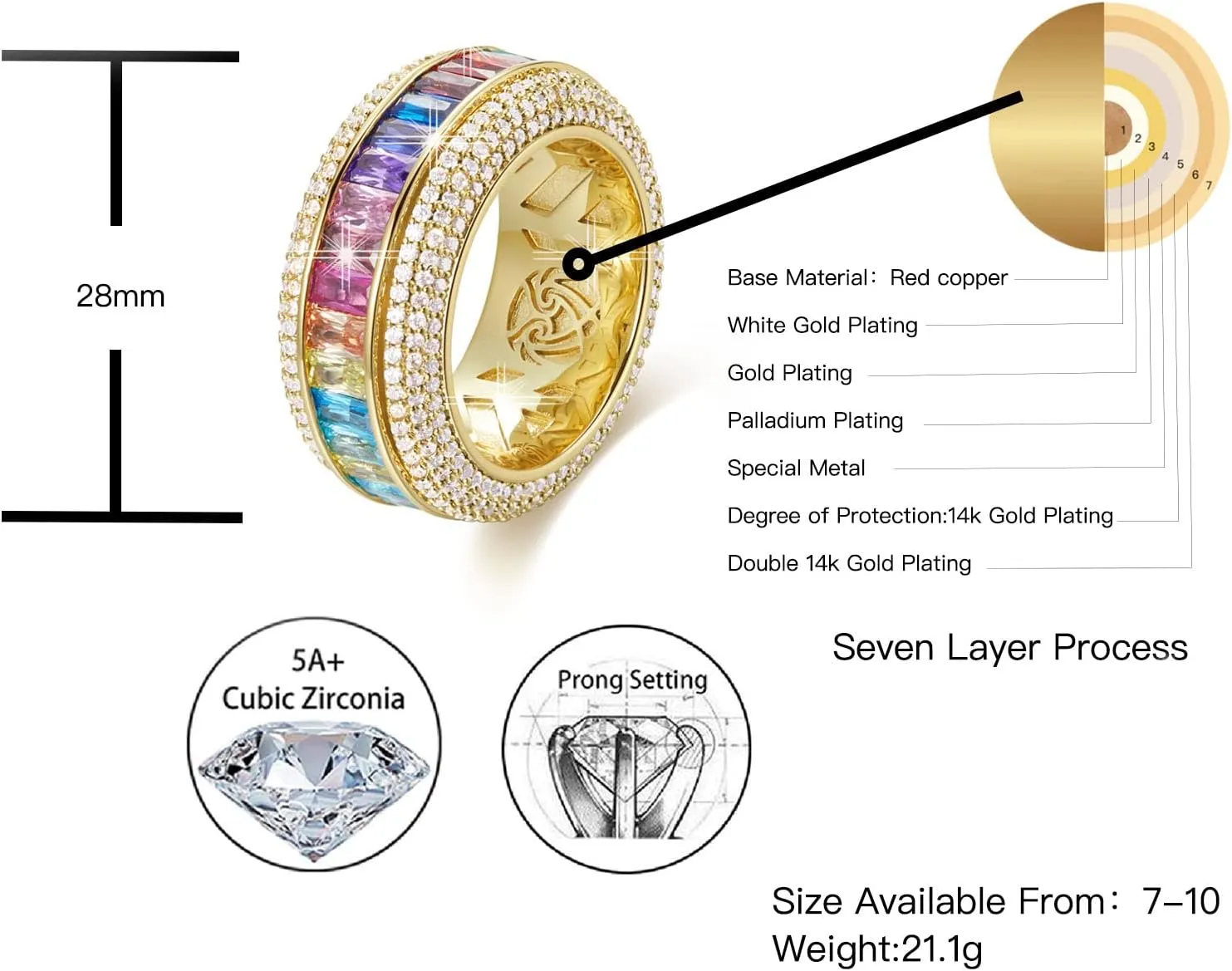 Cubic Zirconia Ring For Men Anxiety Rotating Stress Relief Rotate Freely Hip Hop Rotating rings Black
