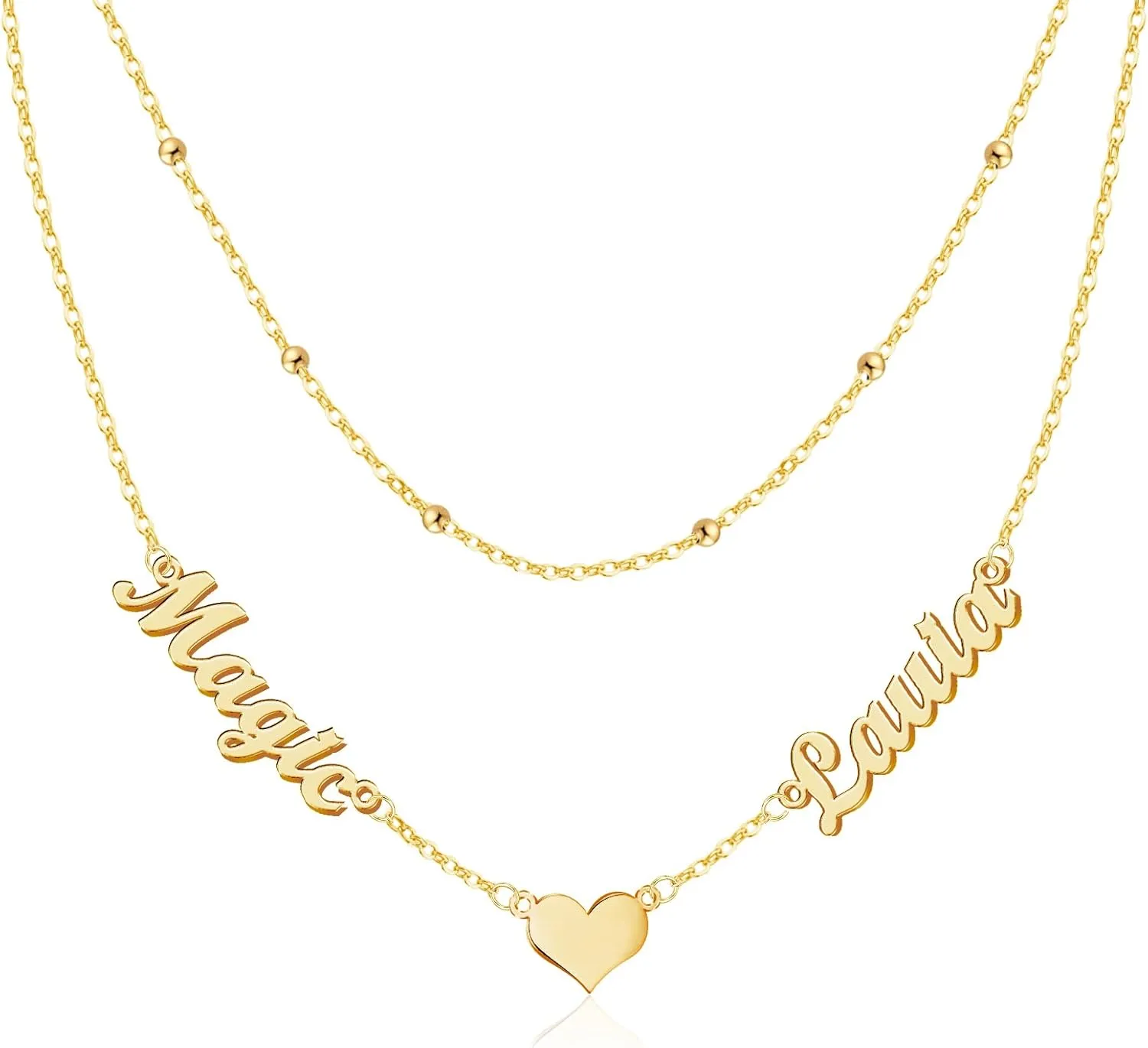 Custom Layered Name Necklace Personalized with Heart 18K Gold Plated Customized Nameplate Necklace Gifts for Women