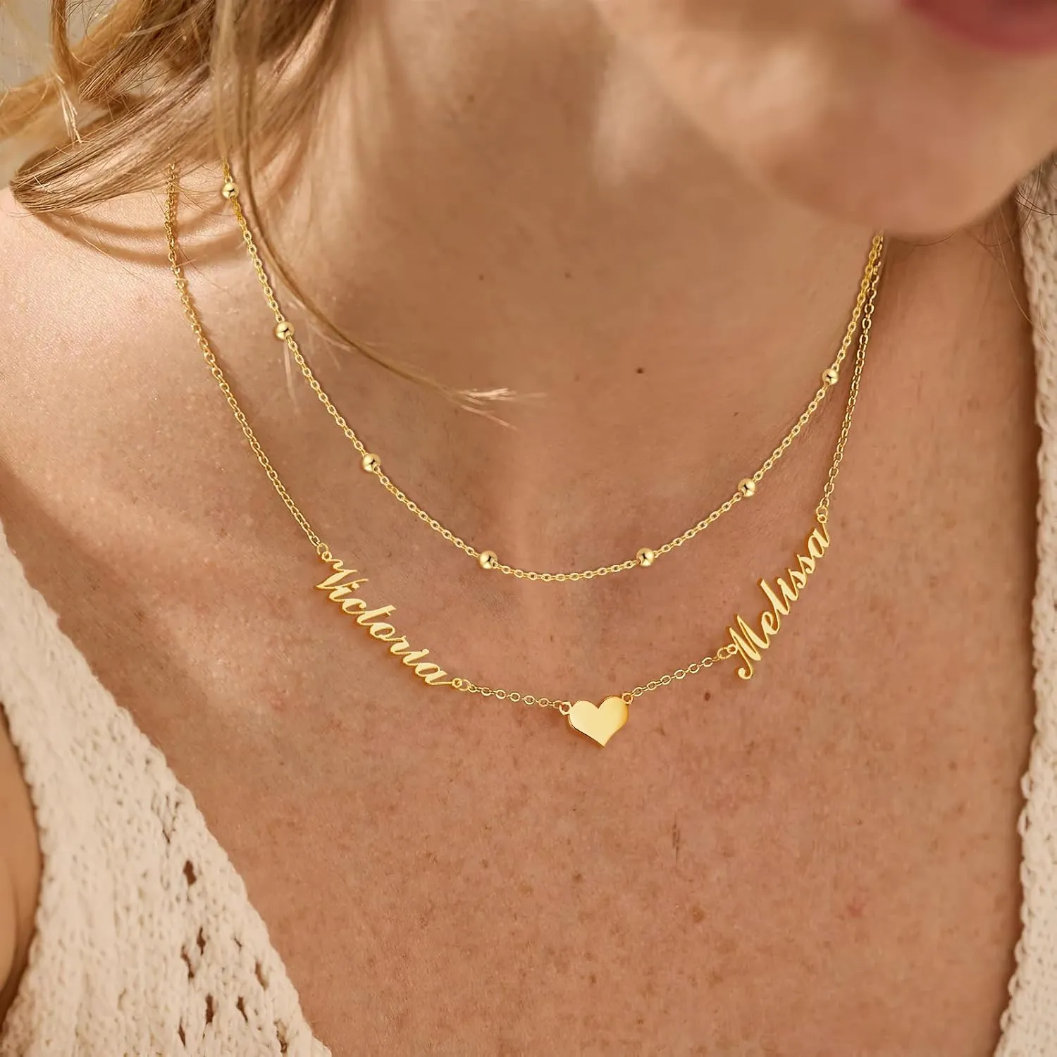Custom Layered Name Necklace Personalized with Heart 18K Gold Plated Customized Nameplate Necklace Gifts for Women