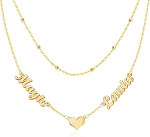 Custom Layered Name Necklace Personalized with Heart 18K Gold Plated Customized Nameplate Necklace Gifts for Women