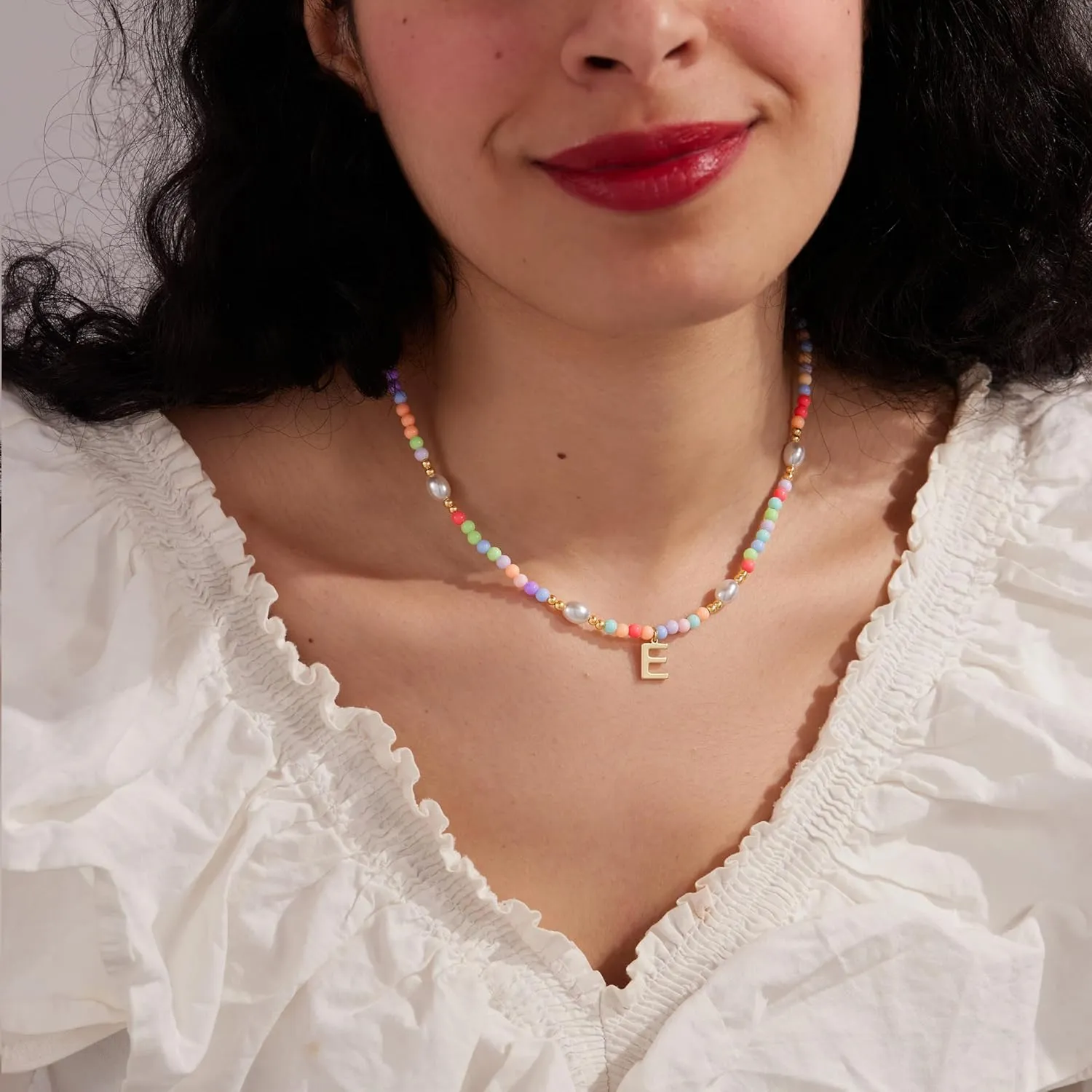 Cute Beaded Initial Necklaces for Girls Trendy Dainty Colorful Pearl Letter Choker Charm Necklace for Women Teen Girls Handmade 14K Gold Plated Bohemian Birthday Personalized Jewelry Gifts