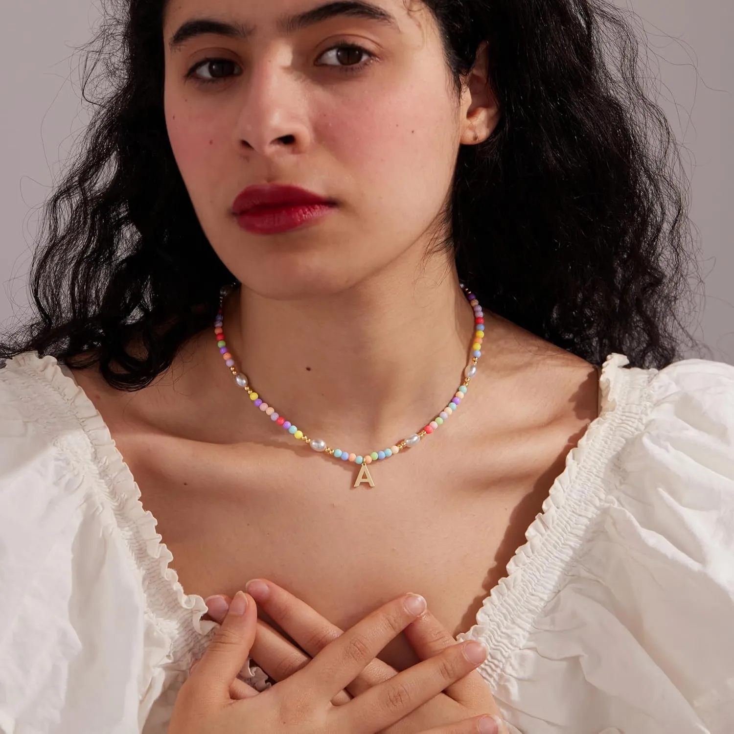 Cute Beaded Initial Necklaces for Girls Trendy Dainty Colorful Pearl Letter Choker Charm Necklace for Women Teen Girls Handmade 14K Gold Plated Bohemian Birthday Personalized Jewelry Gifts