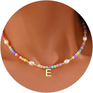 Cute Beaded Initial Necklaces for Girls Trendy Dainty Colorful Pearl Letter Choker Charm Necklace for Women Teen Girls Handmade 14K Gold Plated Bohemian Birthday Personalized Jewelry Gifts