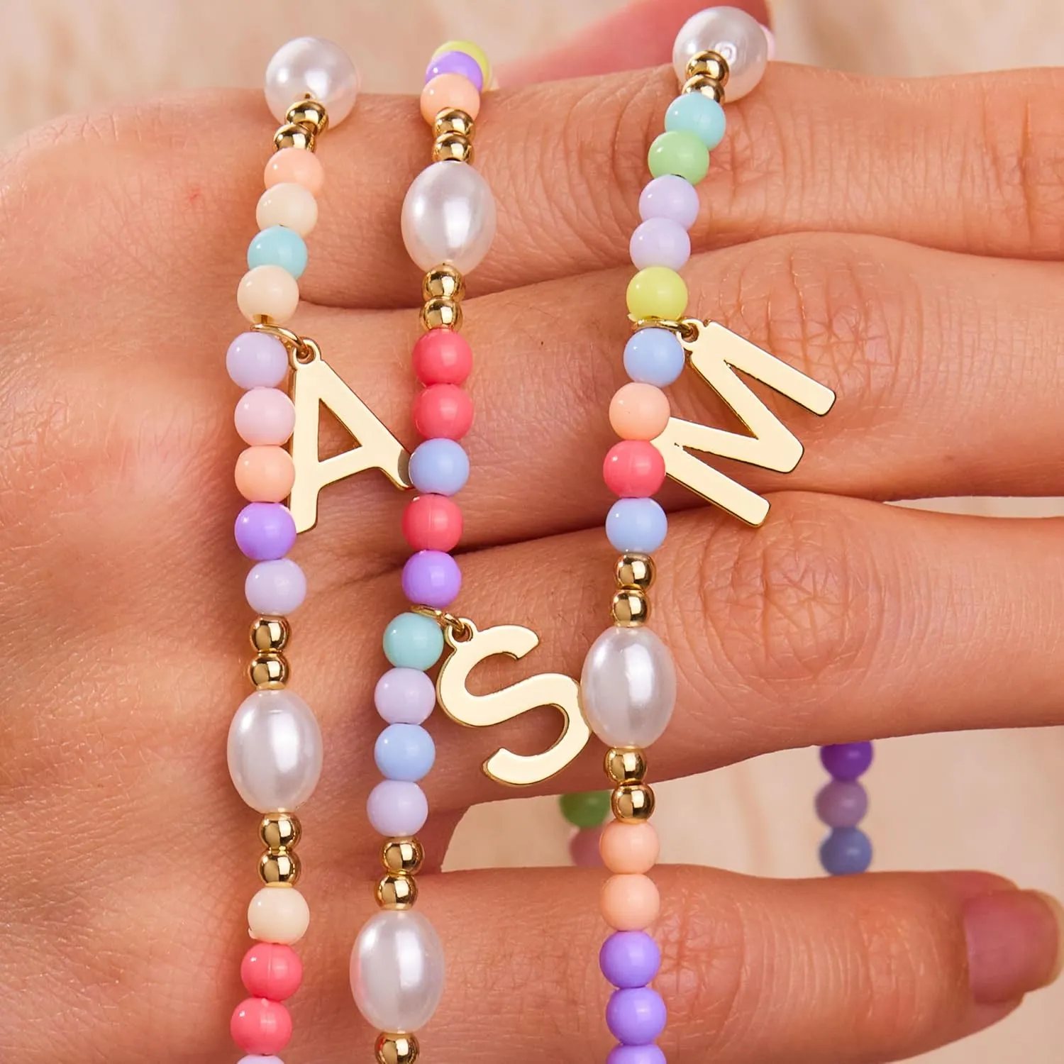 Cute Beaded Initial Necklaces for Girls Trendy Dainty Colorful Pearl Letter Choker Charm Necklace for Women Teen Girls Handmade 14K Gold Plated Bohemian Birthday Personalized Jewelry Gifts
