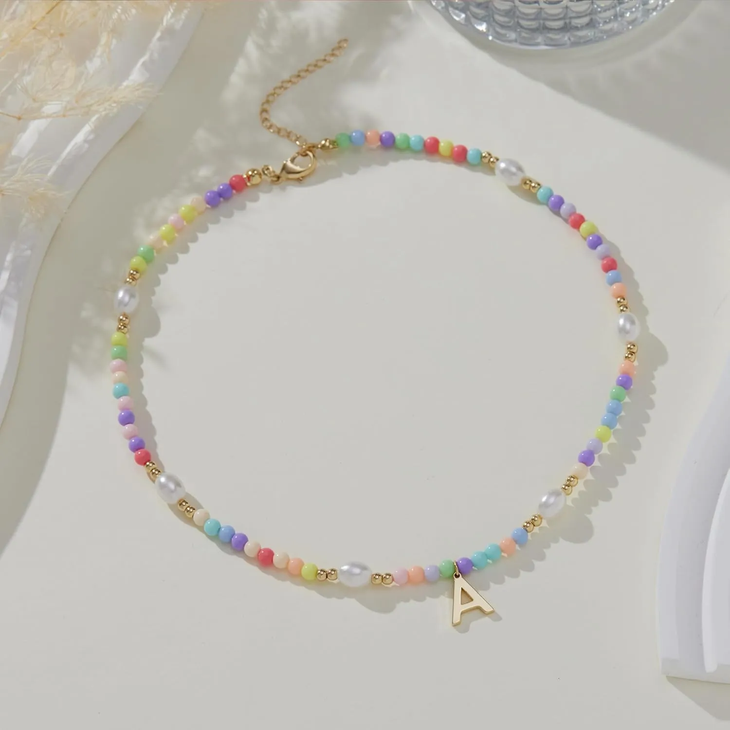Cute Beaded Initial Necklaces for Girls Trendy Dainty Colorful Pearl Letter Choker Charm Necklace for Women Teen Girls Handmade 14K Gold Plated Bohemian Birthday Personalized Jewelry Gifts