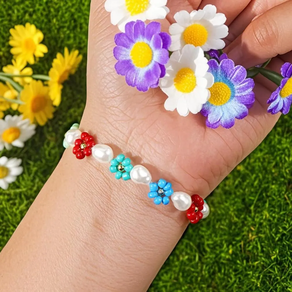 Cute Flower Pearl Beaded Stretch Bracelet for Women,Handmade Boho Colorful Flower Bracelet Statement Summer Jewelry Birthday Gift Friendship