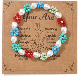 Cute Flower Pearl Beaded Stretch Bracelet for Women,Handmade Boho Colorful Flower Bracelet Statement Summer Jewelry Birthday Gift Friendship