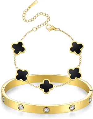 Dainty Gold Clover Bracelet Love Bangle Set Non Tarnish Gold Bracelet Stack and Black White Four Leaf Clover Bracelet Simple Cute Friendship Bangle Bracelets for Women Trendy Holiday Gifts