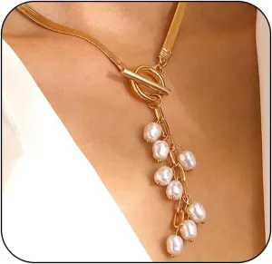 Dainty Large Cluster Pearls Pendant Necklace for Women Baroque Freshwater Pearl Choker Snake Chain OT Buckle Collar Necklaces Vintage Wedding Prom Jewelry