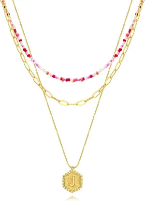 Dainty Layered Gold Necklace for Women18K Gold Plated Initial Hexagon Pendant Adjustable NecklacesTrendy Gold Necklaces Set for Women Jewelry