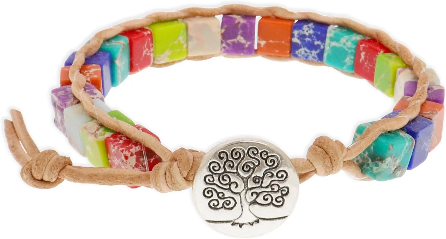 Dainty Natural Stones 7 Chakra Bracelets for Women, Trendy Minimalist Boho Handmade Leather Wrap Healing Bead Bracelet Everyday Fashion Jewelry Friendship Christmas Gift.