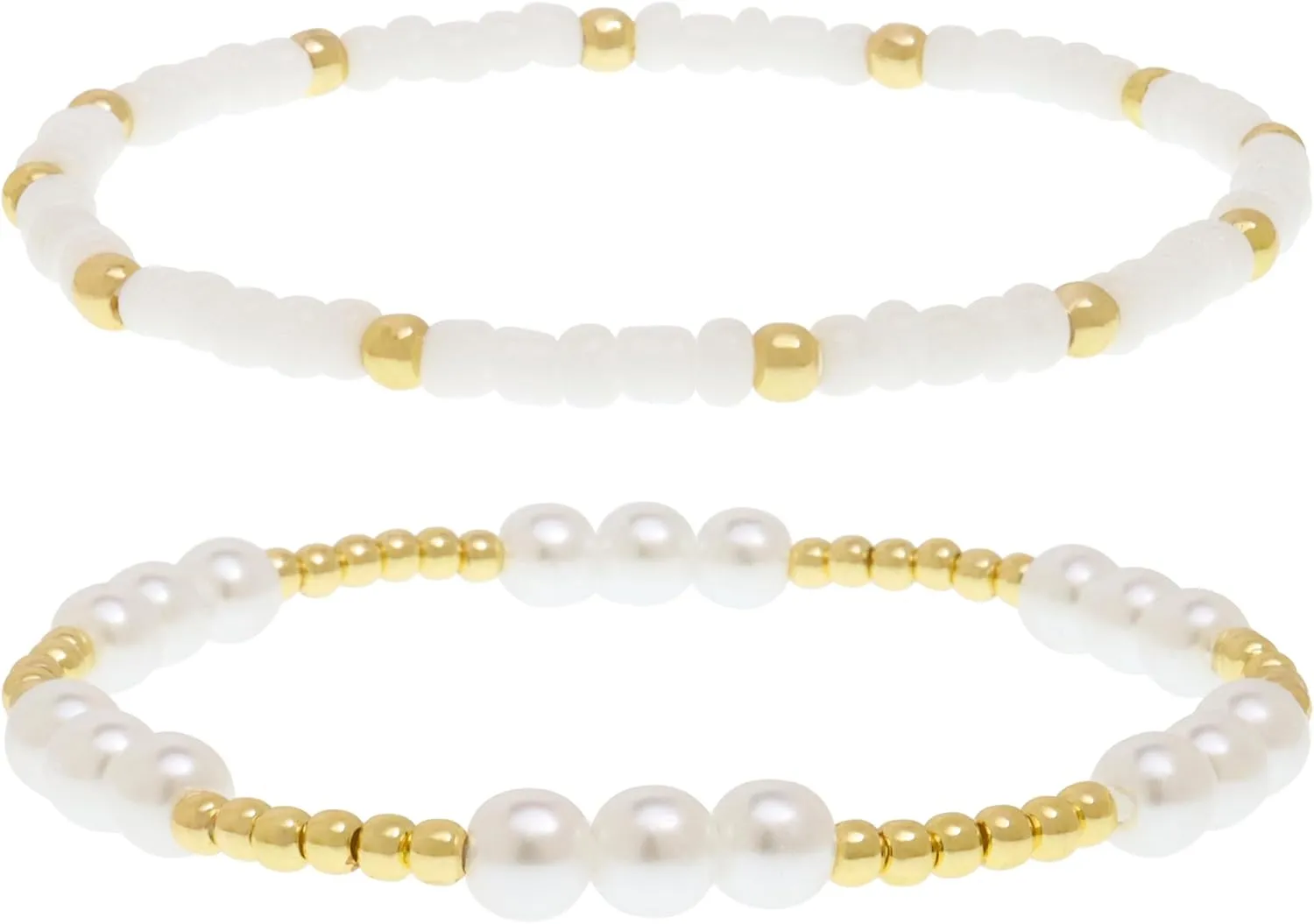 Dainty White Gold Beaded Stack Bracelets Set for Women, 2Pcs Boho Handmade Pearl Beads Stackable Stretch Everyday Fashion Jewelry Gift.