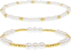 Dainty White Gold Beaded Stack Bracelets Set for Women, 2Pcs Boho Handmade Pearl Beads Stackable Stretch Everyday Fashion Jewelry Gift.
