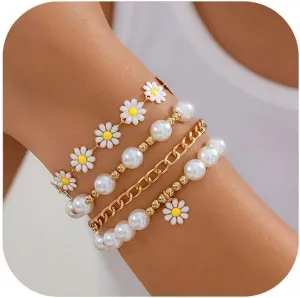 Daisy Flower Bracelets 4Pcs Pearl Beaded Flower Bracelet Gold Boho Daisy Layered Bracelet Set Blossom Bracelets Jewelry for Women