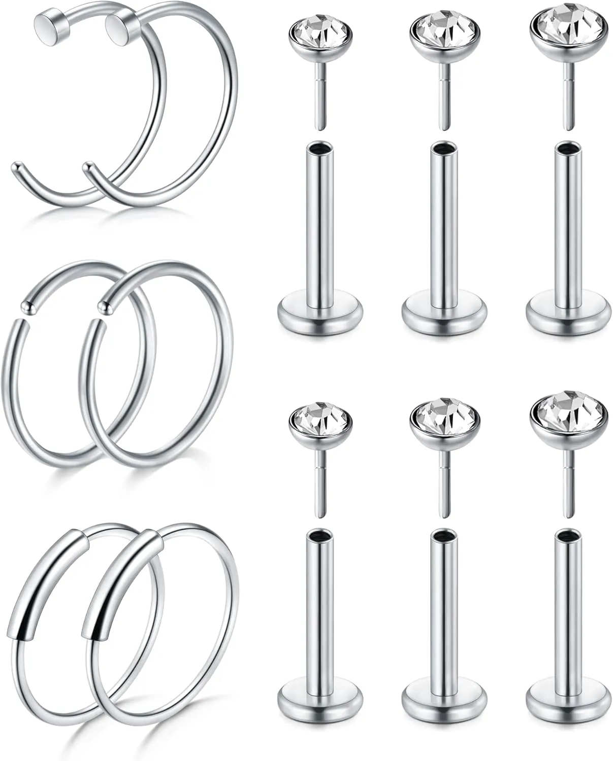 D.Bella 20G 8mm 32pcs Surgical Stainless Steel Nose Rings Hoop L Shaped Bone Screw Nose Rings Studs Nose Piercing Jewelry Set