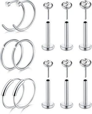 D.Bella 20G 8mm 32pcs Surgical Stainless Steel Nose Rings Hoop L Shaped Bone Screw Nose Rings Studs Nose Piercing Jewelry Set