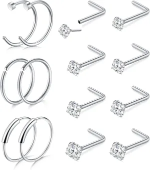 D.Bella 20G 8mm 32pcs Surgical Stainless Steel Nose Rings Hoop L Shaped Bone Screw Nose Rings Studs Nose Piercing Jewelry Set