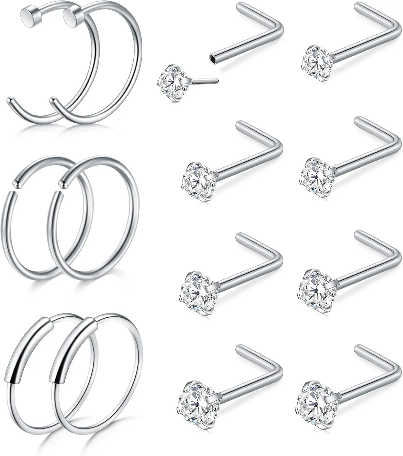 D.Bella 20G 8mm 32pcs Surgical Stainless Steel Nose Rings Hoop L Shaped Bone Screw Nose Rings Studs Nose Piercing Jewelry Set