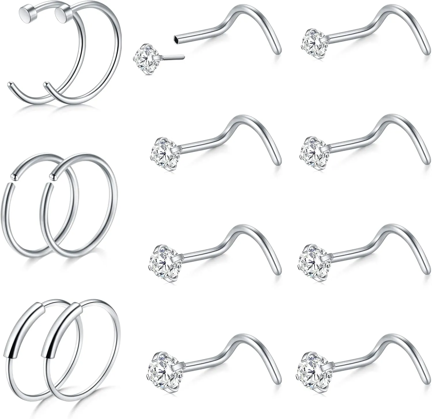 D.Bella 20G 8mm 32pcs Surgical Stainless Steel Nose Rings Hoop L Shaped Bone Screw Nose Rings Studs Nose Piercing Jewelry Set