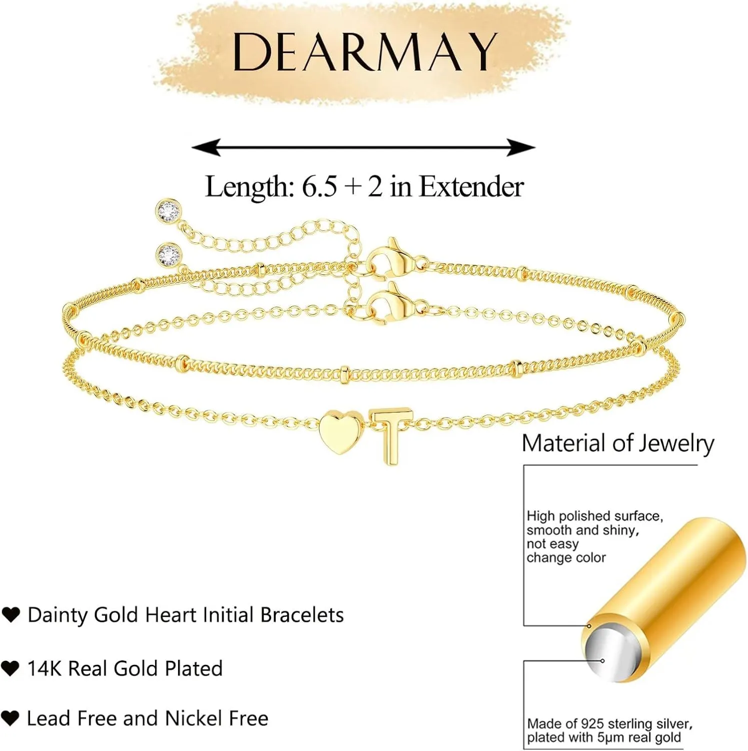 DEARMAY Dainty Initial Heart Gold Bracelets for Women Trendy, 14K Real Gold Letter Charm Bracelet Jewelry Cute Simple Fashion Chain Bracelets for Women Gift