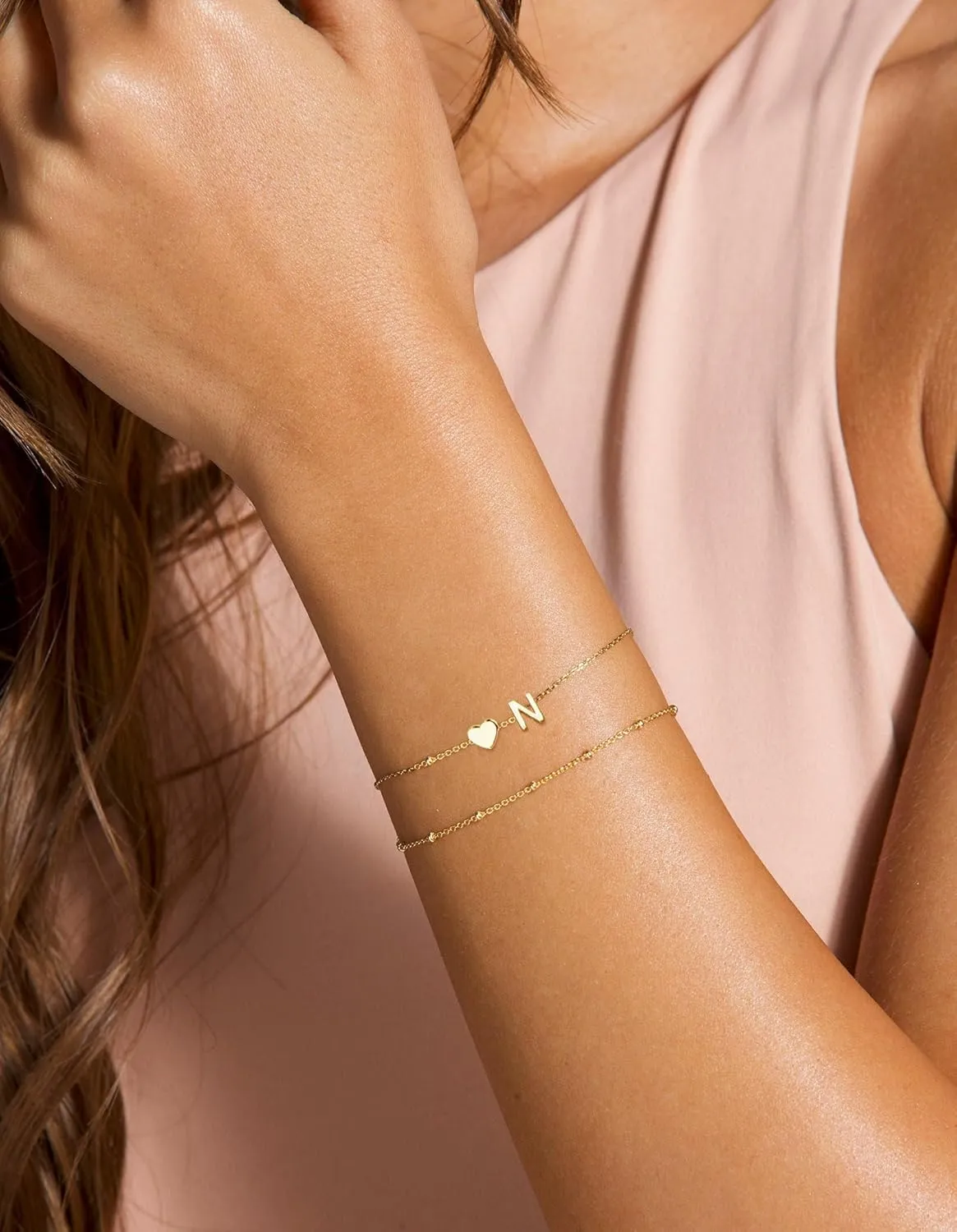DEARMAY Dainty Initial Heart Gold Bracelets for Women Trendy, 14K Real Gold Letter Charm Bracelet Jewelry Cute Simple Fashion Chain Bracelets for Women Gift