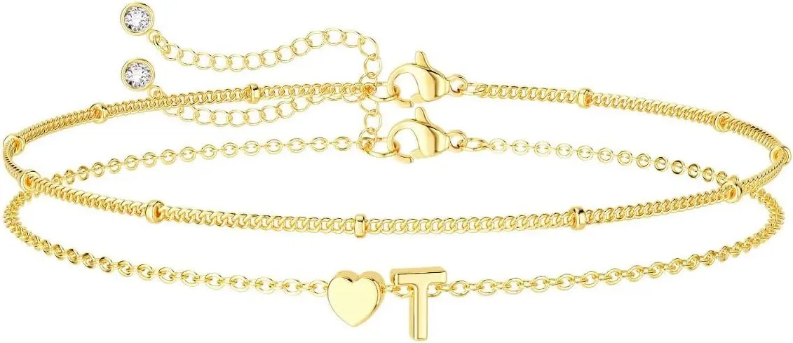 DEARMAY Dainty Initial Heart Gold Bracelets for Women Trendy, 14K Real Gold Letter Charm Bracelet Jewelry Cute Simple Fashion Chain Bracelets for Women Gift