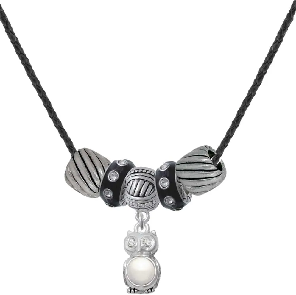 Delight Jewelry Silvertone 3-D Imitation Pearl & Clear Crystal Owl Black Beaded Necklace, 18" 2"