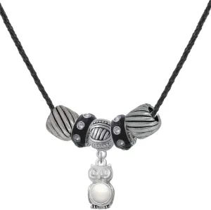 Delight Jewelry Silvertone 3-D Imitation Pearl & Clear Crystal Owl Black Beaded Necklace, 18" 2"