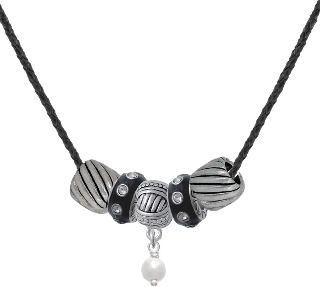 Delight Jewelry Silvertone 6mm Glass Imitation Pearl Bead Drop Black Beaded Necklace, 18" 2"