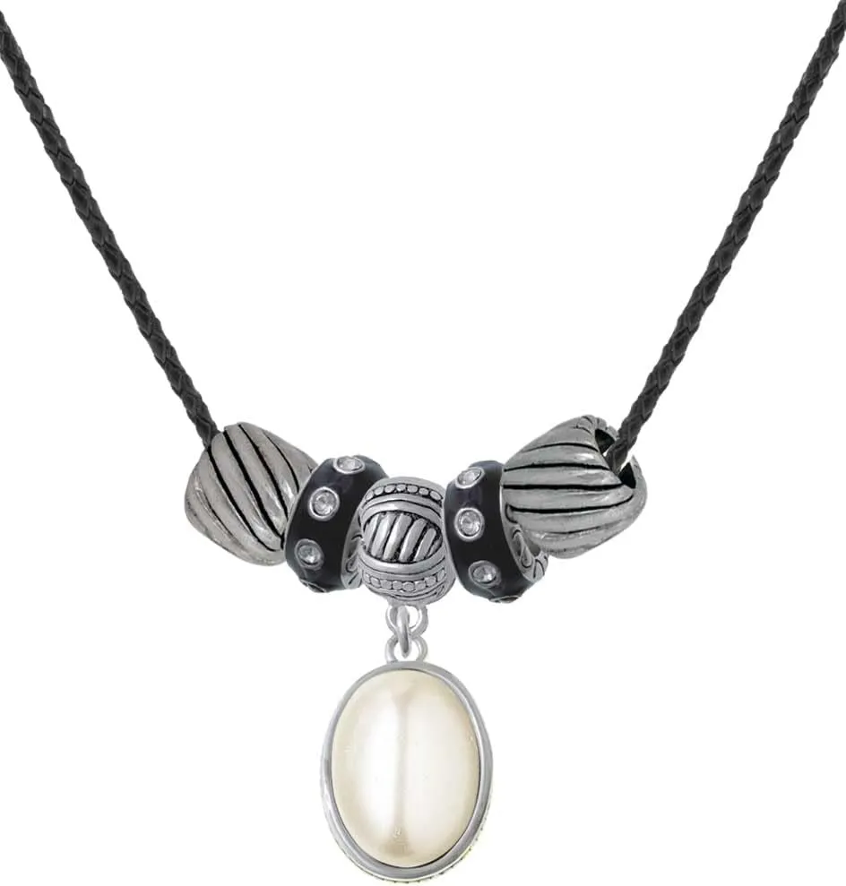 Delight Jewelry Silvertone Small Cream Imitation Pearl Black Beaded Necklace, 18" 2"