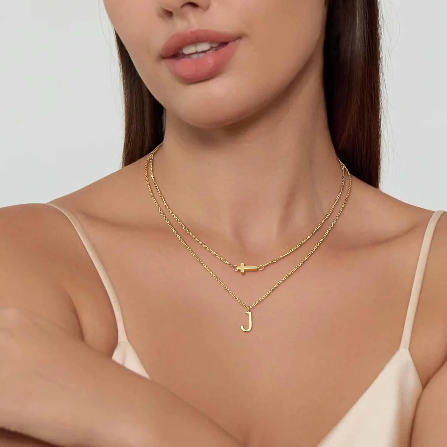 Dochais Layered Gold Necklaces for Women Trendy Dainty Cross Choker Necklace 14k Gold Plated Stack Initial Statement Pendant Chain Necklace