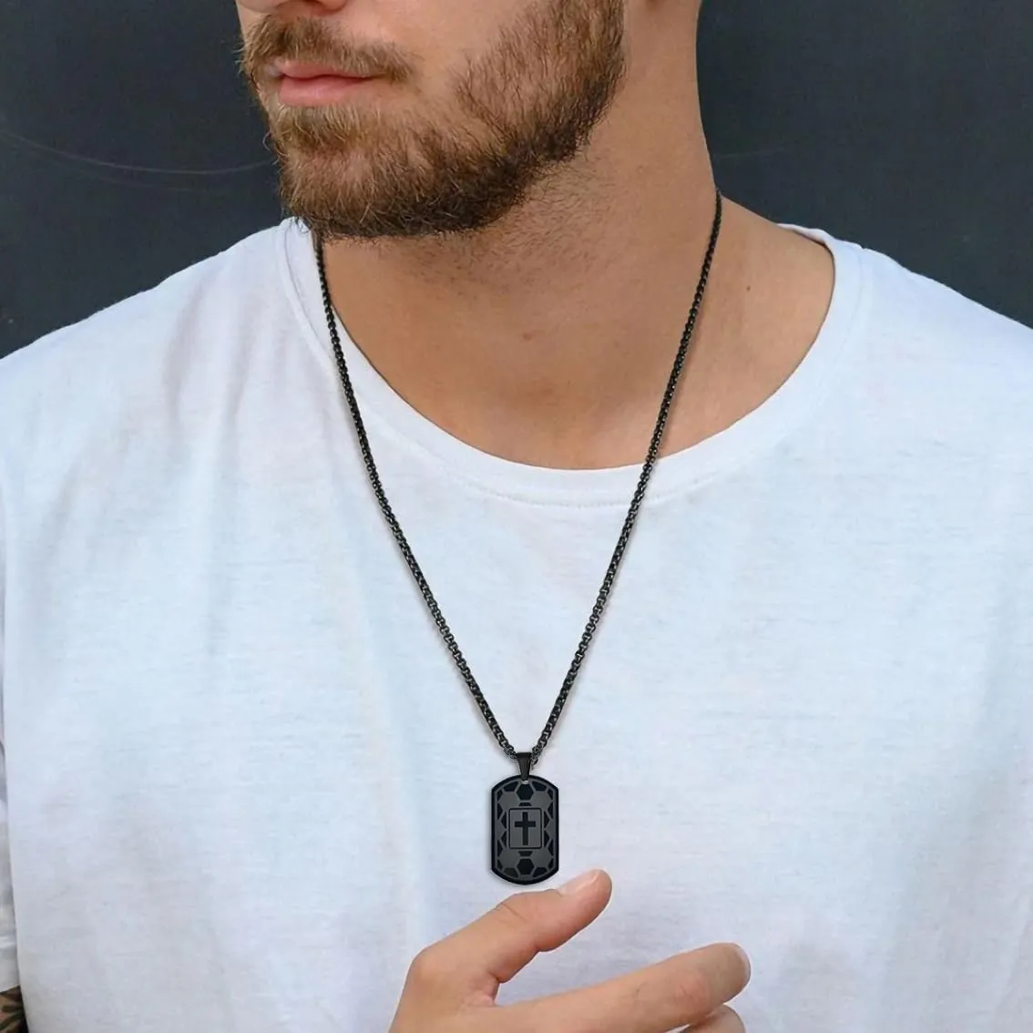 Dog Tag Necklaces for Men Titanium Steel Baseball/Basketball/Soccer/Mens Cross Necklace Black Pendant Religious Gifts for Him