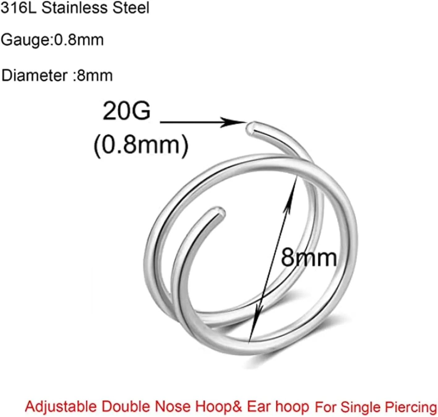 Double Hoop Nose Ring for Single Piercing, Spiral Nose Ring, Double Nose Hoops for Women, 8mm 20G Nostril Piercing Jewelry