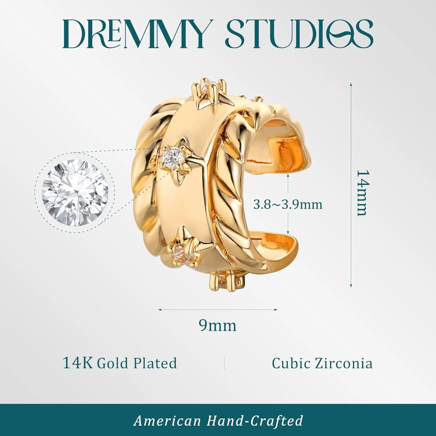 DREMMY STUDIOS Women Ear Cuff Non Piercing | 14K Gold Plated Cubic Zirconia Fake Earrings Wrap Clip on Cartilage Earring | Lightweight Hypoallergenic Jewelry SINGLE EAR CUFF