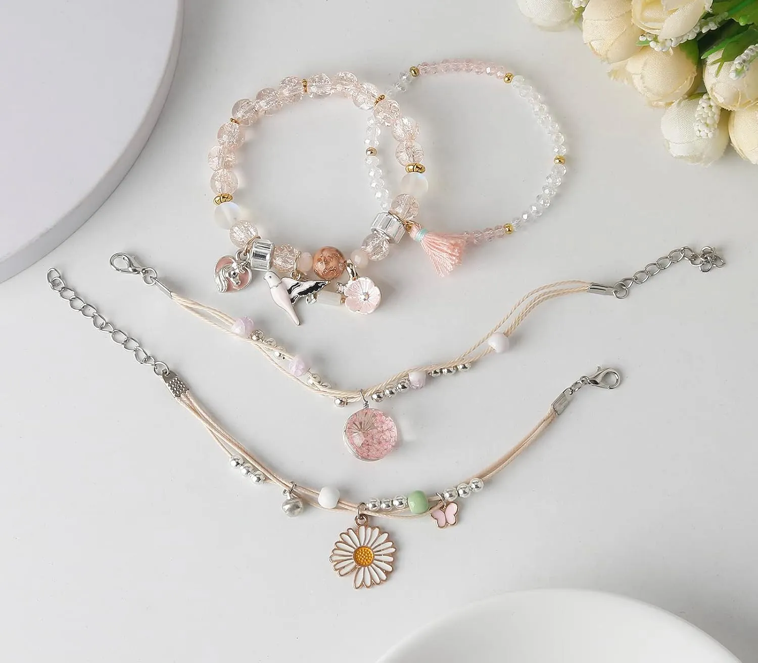 DS 4PCS Beaded Charm Bracelets for Teen Girls Dainty cute cartoon Crystal Beads Pearl Bracelets anklets set for woman and girls Adjustable Stretch bracelet birthday Gift For Friends