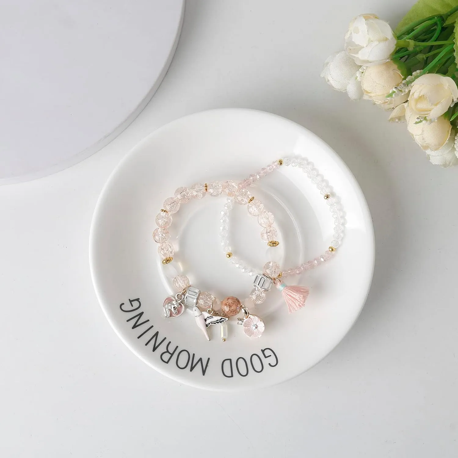 DS 4PCS Beaded Charm Bracelets for Teen Girls Dainty cute cartoon Crystal Beads Pearl Bracelets anklets set for woman and girls Adjustable Stretch bracelet birthday Gift For Friends