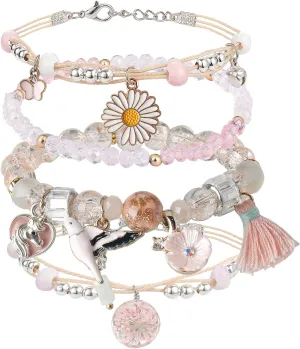 DS 4PCS Beaded Charm Bracelets for Teen Girls Dainty cute cartoon Crystal Beads Pearl Bracelets anklets set for woman and girls Adjustable Stretch bracelet birthday Gift For Friends
