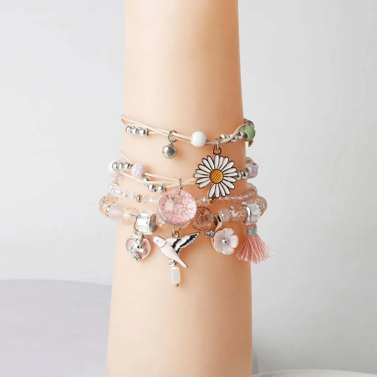 DS 4PCS Beaded Charm Bracelets for Teen Girls Dainty cute cartoon Crystal Beads Pearl Bracelets anklets set for woman and girls Adjustable Stretch bracelet birthday Gift For Friends
